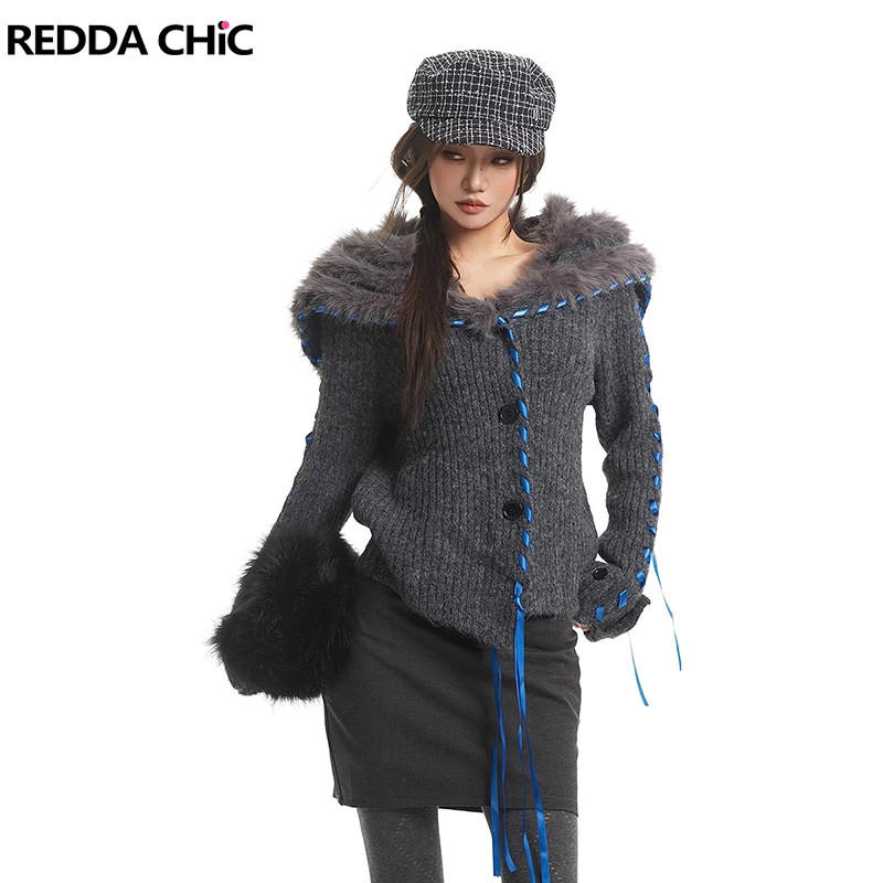 

REDDACHiC Furry Sailor Collar Women Cardigan Sweater Lounge Chunky Knit Button Down Ribbon Braided Jumper Grunge Y2k Outerwear