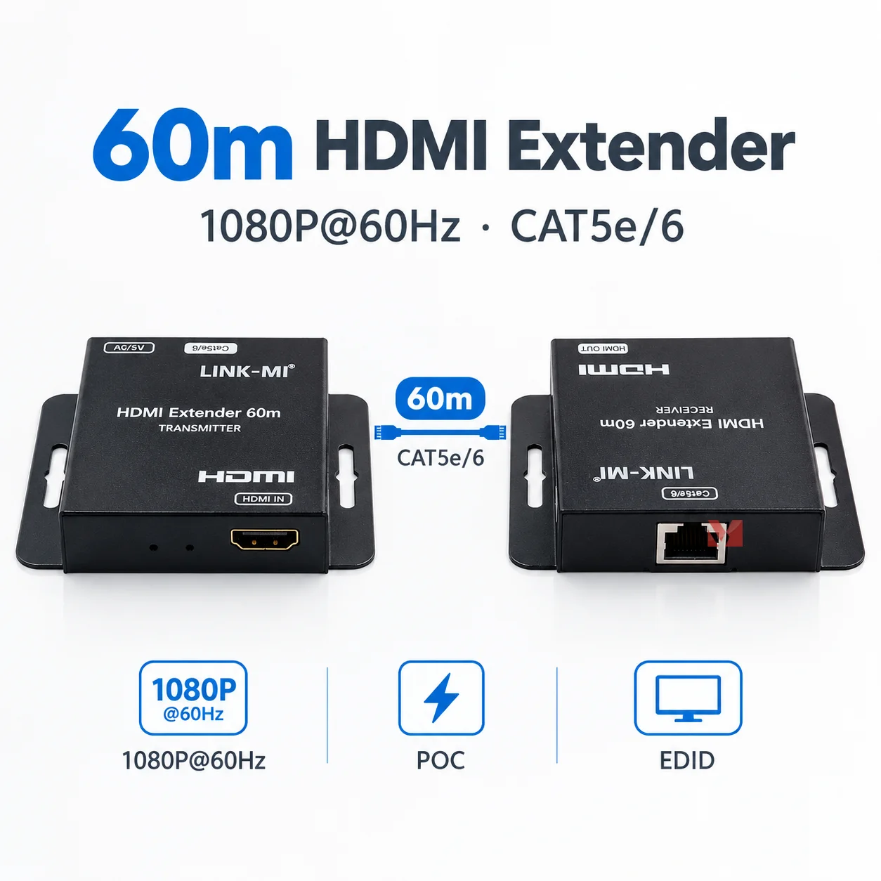 60m HDMI Extender over Cat5e/6 1080P60Hz YUV4:4:4 HDMI Transmitter Receiver POC EDID 3D LPCM Video Extender for HDTV