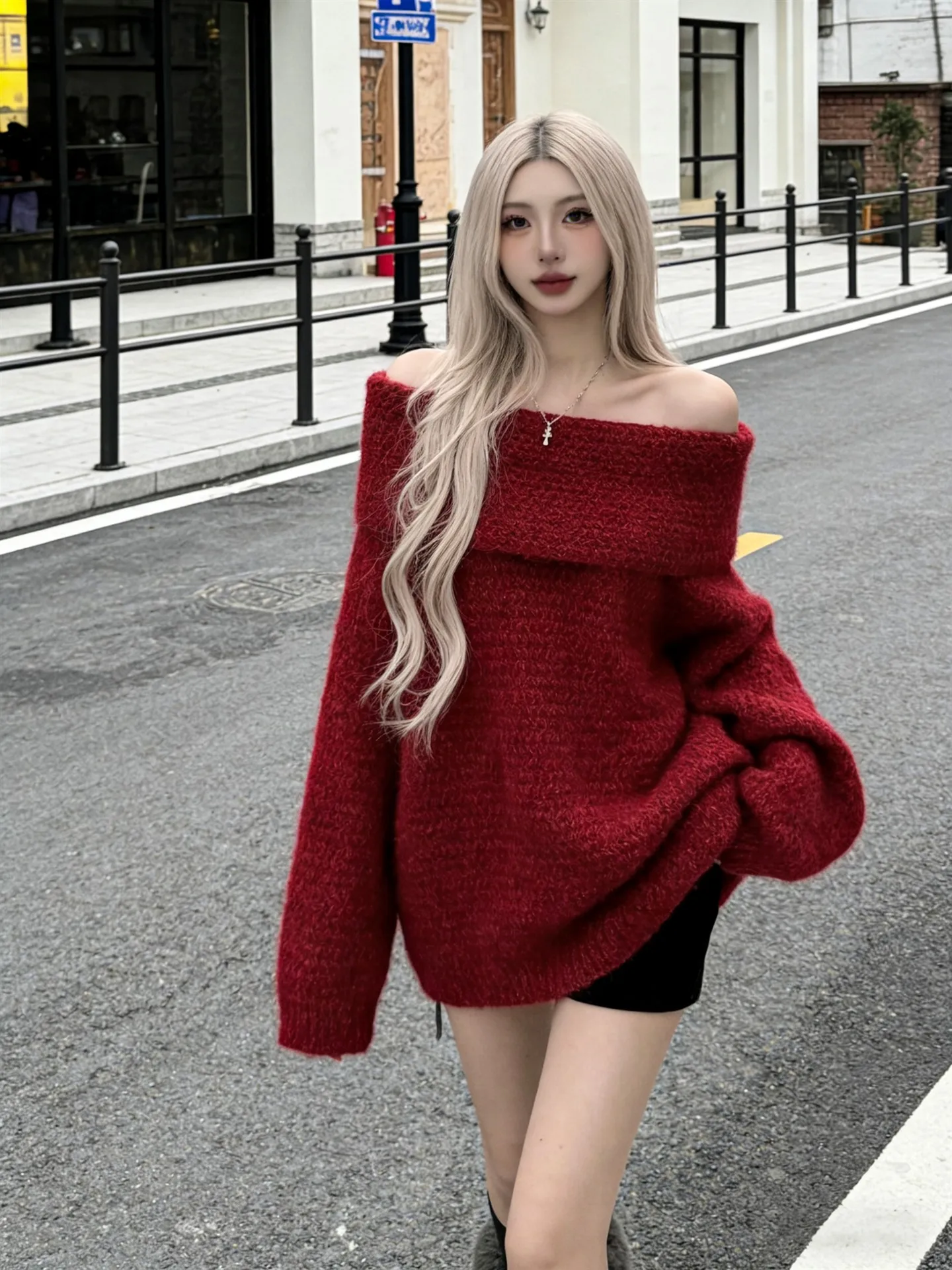 

Красный вязаный свитер на одно плечо, женский, миди, свободный, яркий, в стиле кэжуал, с открытым плечом, новогодний, утепленный