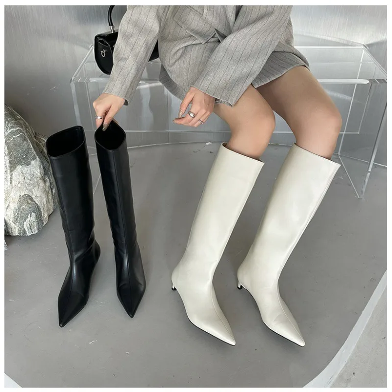 

2024 in Stock for Dropship Black Red White Wide Leg Knee High Boots Women Big Size 42 Pointy Toe Sexy Thin High Heels Shoes