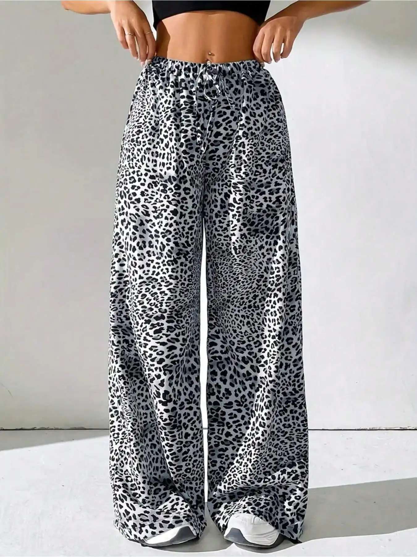 Summer New Casual Elegant Spicy Girl Style Leopard Print Color Blocked Elastic Waist Wide Leg Pants Women Long Pants