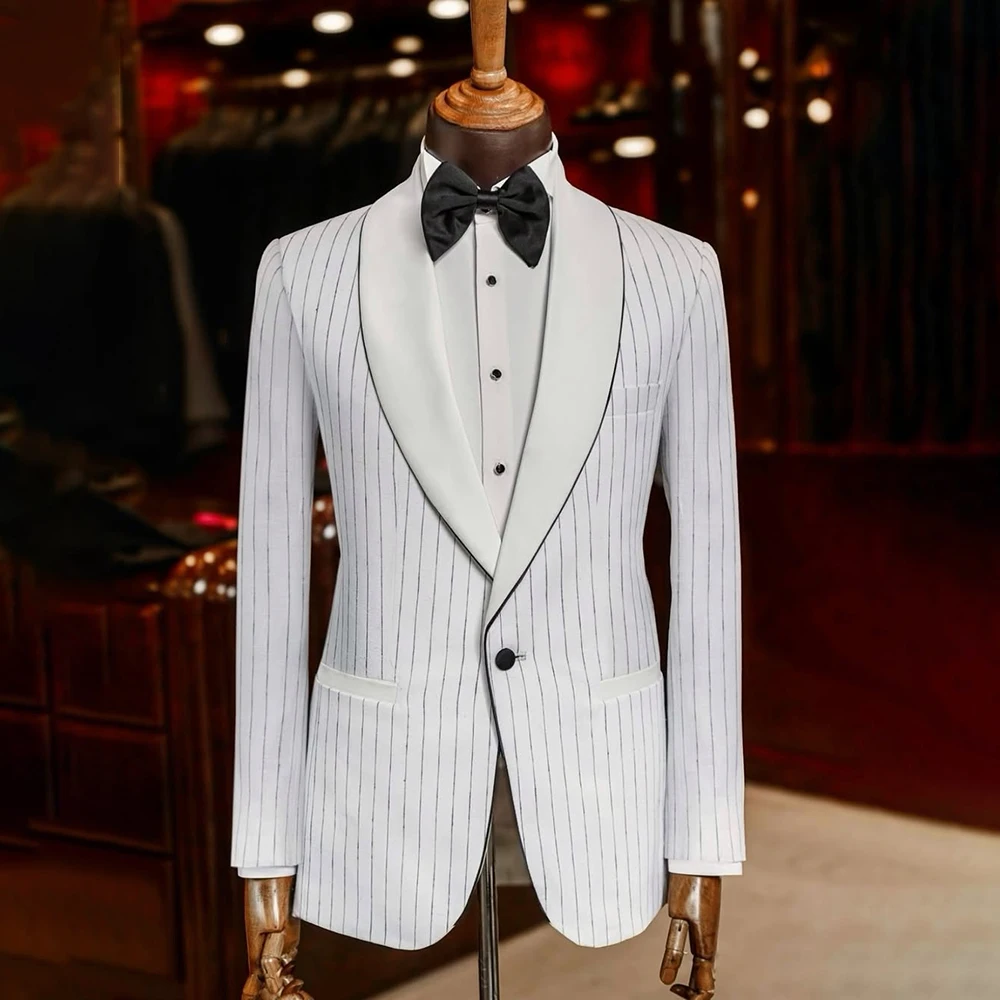 

High Quality White Stripe Men's Suits One-Button Shawl Lapel Slim Fit 2 Piece Jacket Pants Sets Customzied Wedding Male Clothing