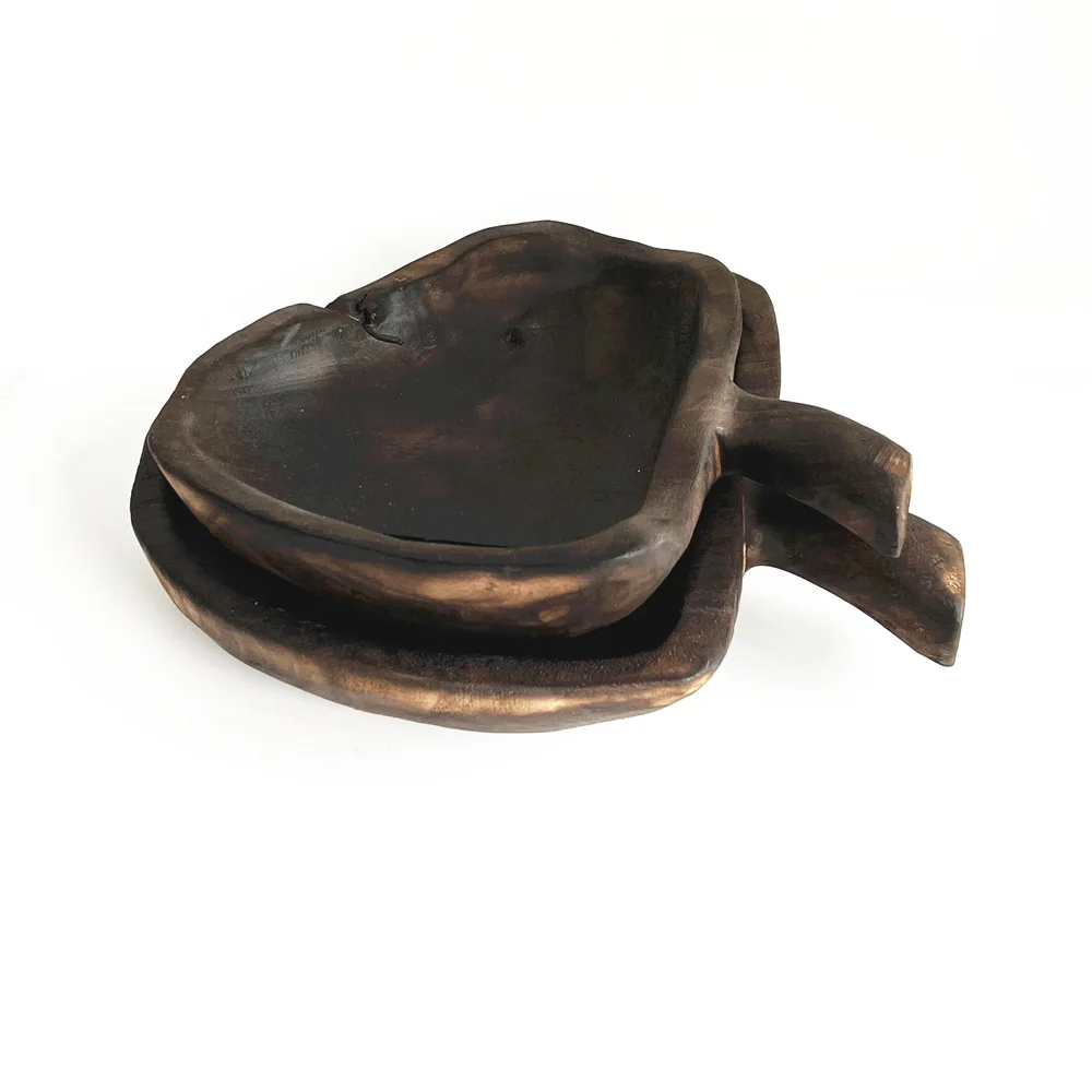 Carbonized Solid Wood Serving Tray, Wabi-Sabi Black Organic Shape Decor Platter for Living Room & Restaurant
