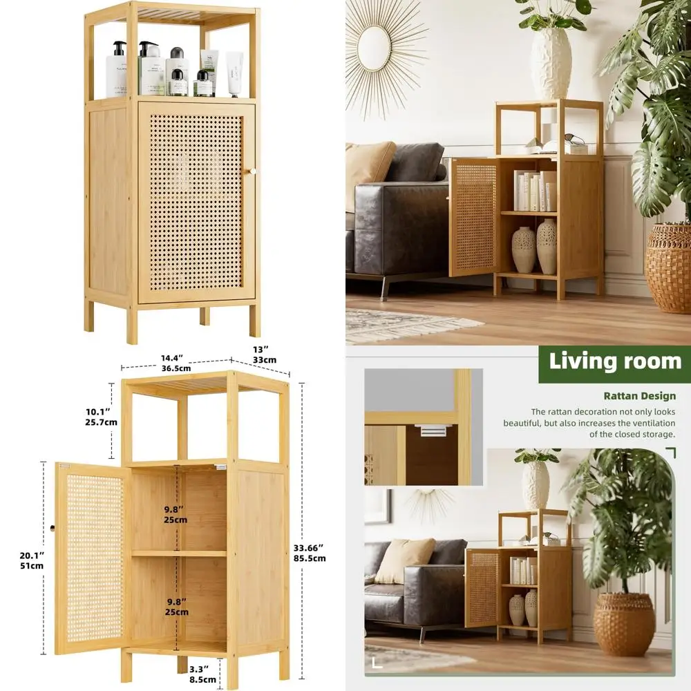 

Bathroom Bamboo Storage Cabinet with Rattan Door and Shelf, Small Wooden Side Organizer Stand for Efficient Space Saving