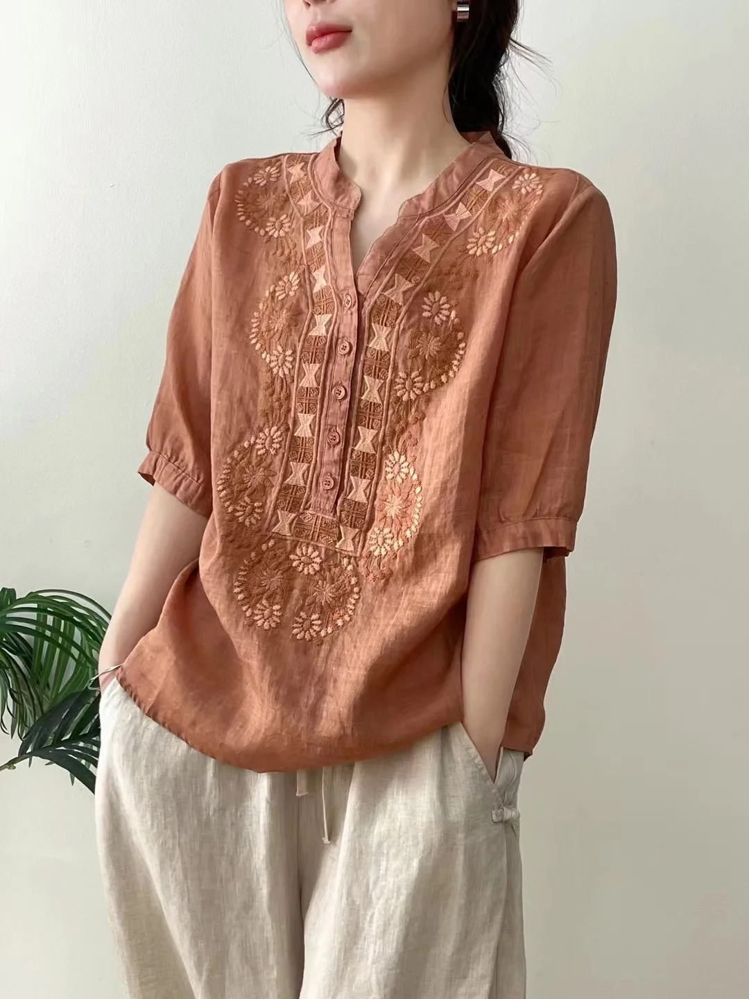 

2024 Japanese vintage clothes elegant female blouses ethnic v neck short sleeve embroidery shirts & blouses linen tops female