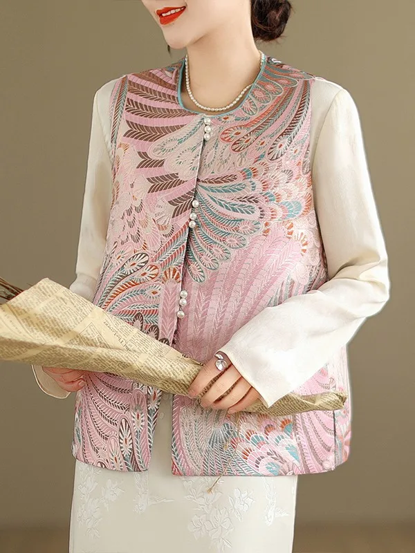 New Chinese Style Embroidered Satin Vest Women's Spring Fashion Elegant Improved Tang Costume Jacket round Neck Single Button