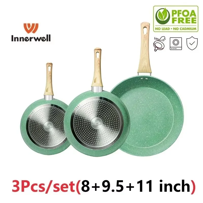 Innerwell Kitchen Frying Pan Sets 8/9.5/11inch Nonstick Nontoxic Skillet Breakfast Steak Fried Egg Pots Gourmet Cooking Cookware