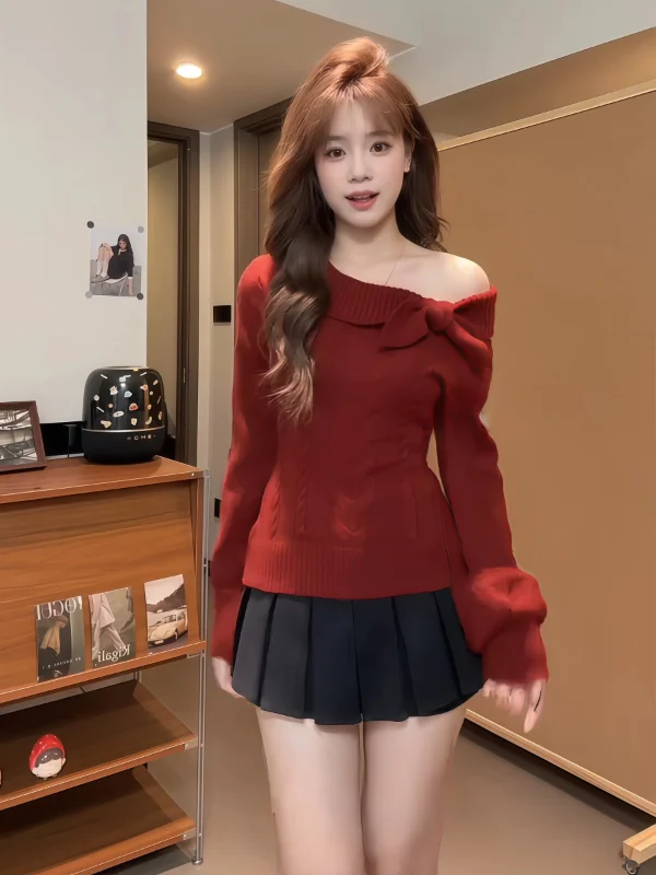 

Модный вязаный свитер большого размера с завязками на талии, красный, для женщин, осень-зима, новый дизайн, для повседневной носки