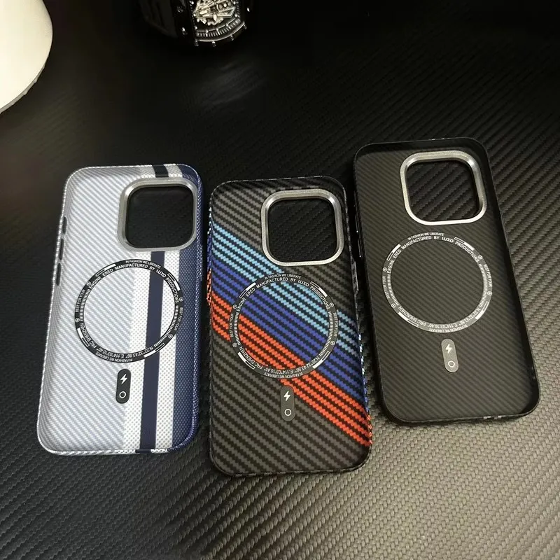 Ultra-Thin Carbon Fiber Texture Phone Case For iPhone 17 16 15 14 13 12 Pro Max MagSafe  Wireless Charging Alloy Lens Hard Cover