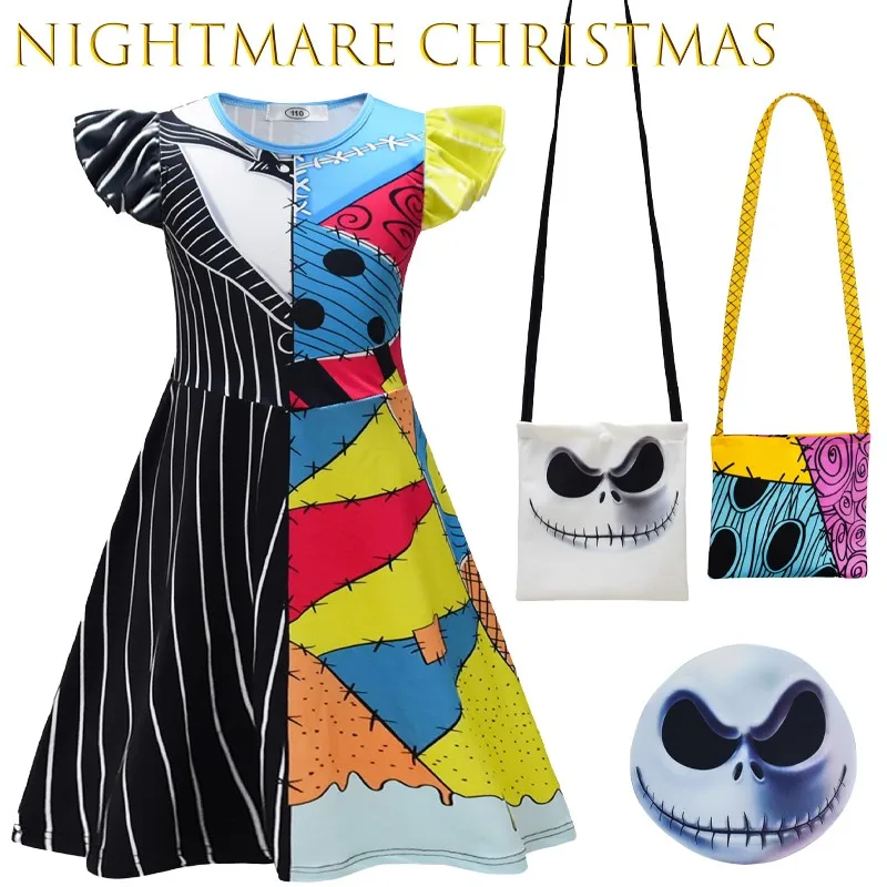 هالوين الفتيات كابوس عيد الميلاد الهيكل العظمي تأثيري حلي أنيمي فتاة فستان سالي هالوين كرنفال المرحلة مجموعة الحفلات كوس