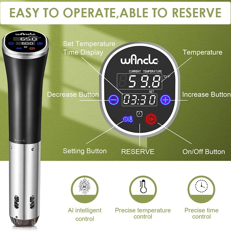 Wancle-cocina Sous Vide al vacío IPX7, calentador impermeable, circulador de inmersión, olla de cocción lenta con pantalla Digital, función de reserva