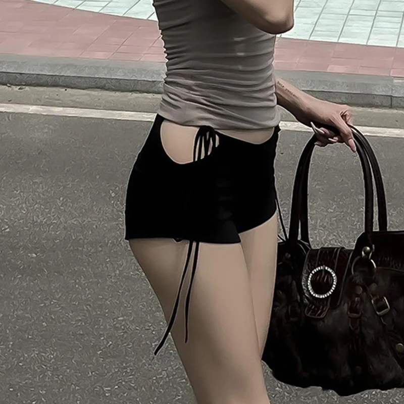 Rapcopter Solid Korean Shorts Cut Out Tie Up Basic Sexy Slim Pants Women Streetwear Low Waisted Summer Shorts Punk Aesthetic 90s