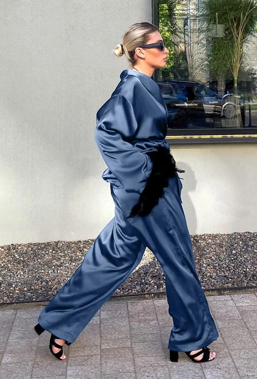 DriftWear Women's Winter Satin Pajama Set - Luxury Feather Print Loungewear, Open Front Long Sleeve & Pants, Elegant Sleepwear