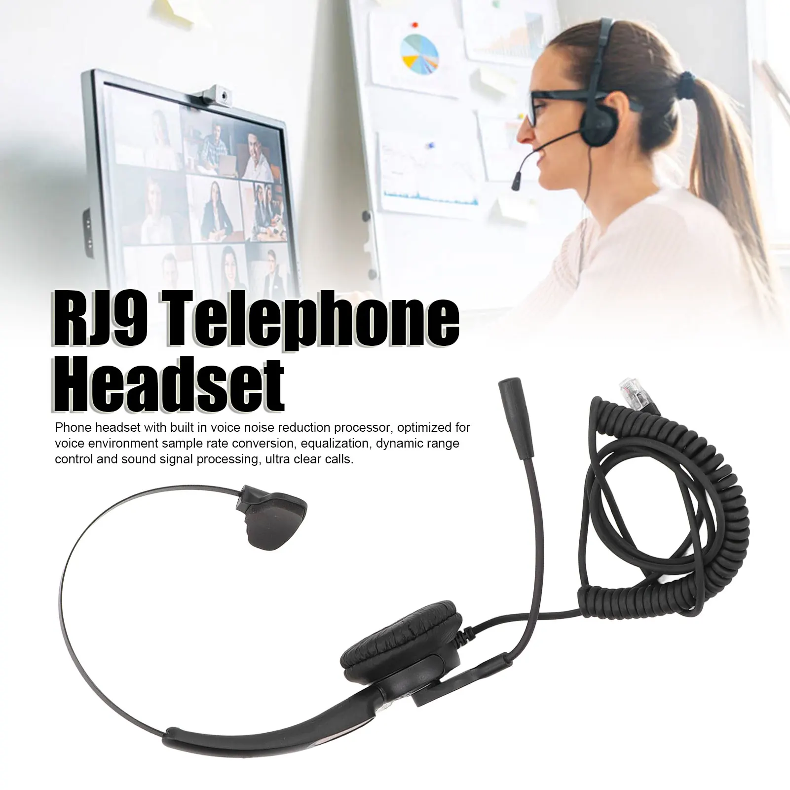 RJ9 Telephone Headset Noise Canceling Single Sided Spring Wire Headphone with Mic for Office Call Center RJ9 Telephone Headphone