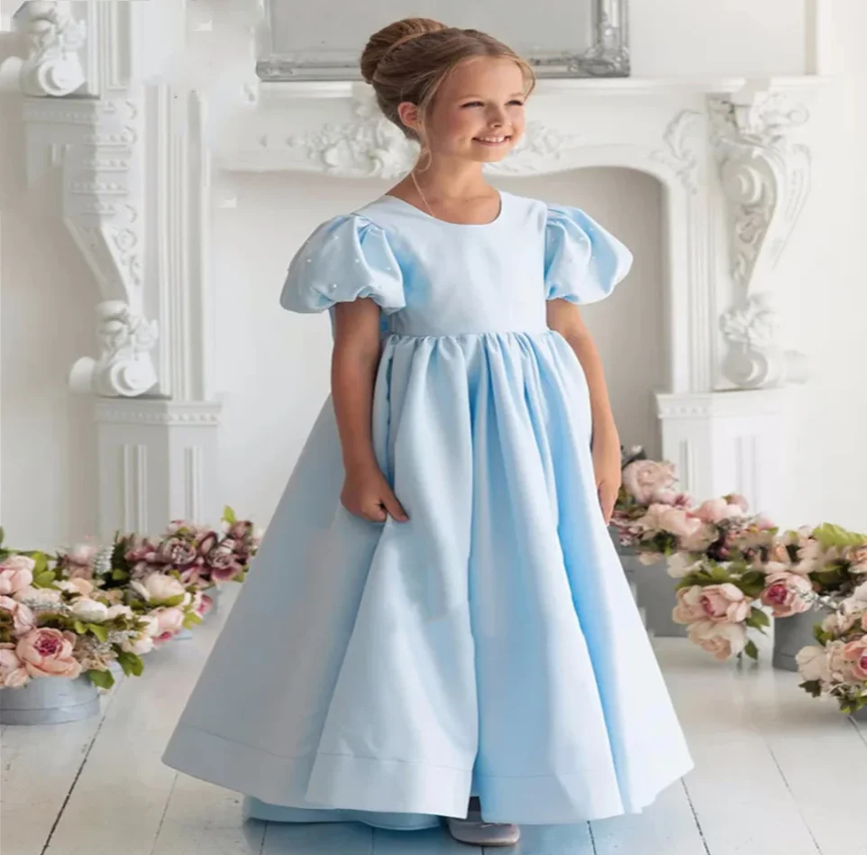

Flower Girl Dresses With Bow Ribbon Short Sleeve For Wedding Girls Birthday Party Banquet Princess Gowns