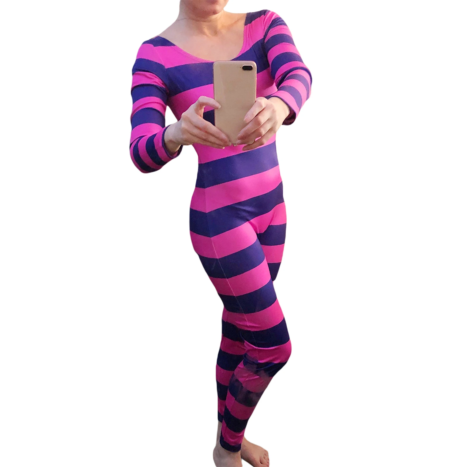 Women Cheshire Cat Halloween Costume Pink Purple Striped Long Sleeve Jumpsuit Cosplay Outfit