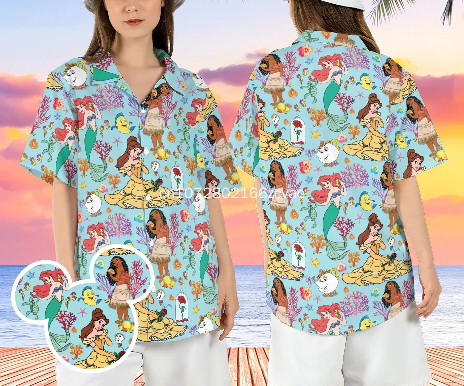 2024 neue Disney Prinzessin Hawaii Shirt Männer Frauen Kinder Kurzarm hemden Disney Hawaii Hemden Strand hemden