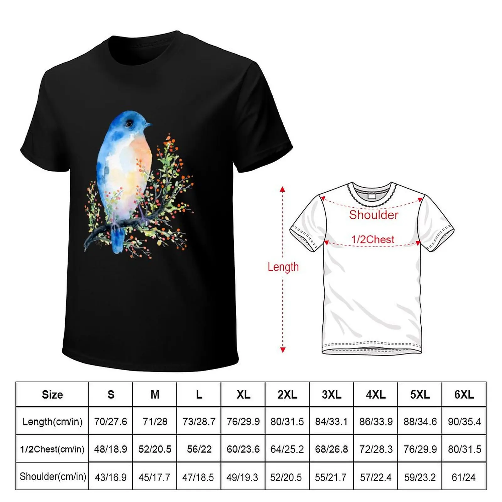 Watercolor Blue Bird on Berry Branch T-Shirt new edition graphic shirts cheap stuff vintage t shirts mens t shirts top quality