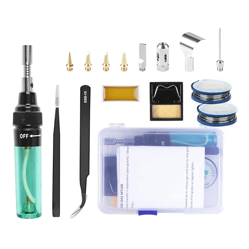 16pcs Portable Soldering Iron Kit Welding Pen Burner Blow Torch Gas Soldering Iron Gun Cordless Butane Welder Tip Tool 1300℃