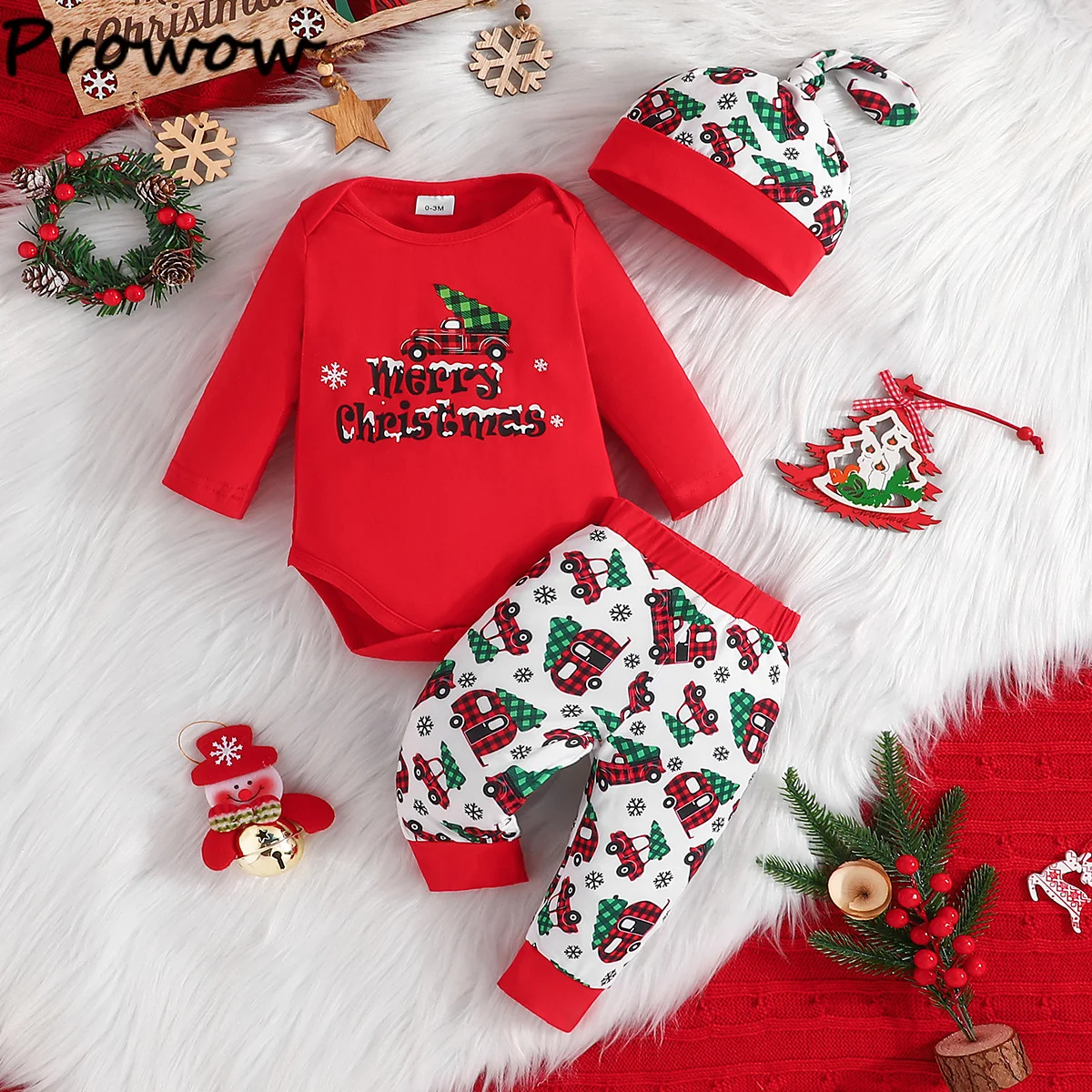 Ropa barata, trajes navideños para bebé, mono rojo con letras, pantalones de coches y sombrero, Kit de tres piezas, ropa para bebé recién nacido de mi primer año nuevo