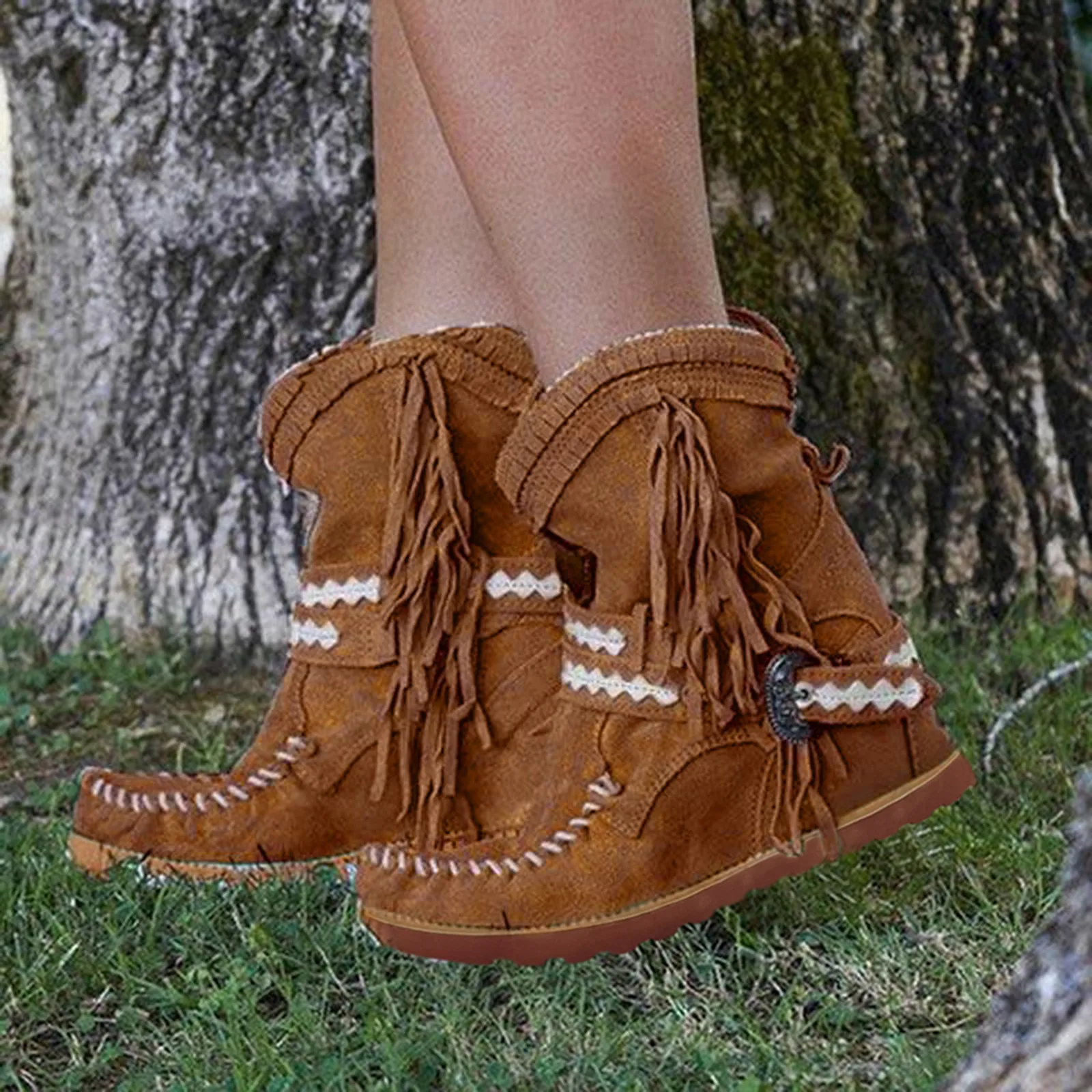 Fashion Women Boots Fringe Round Toe Flats Western Cowboy Boots Flat Heel Bohemia Style Fashion Personality Comfy Ladies Boots