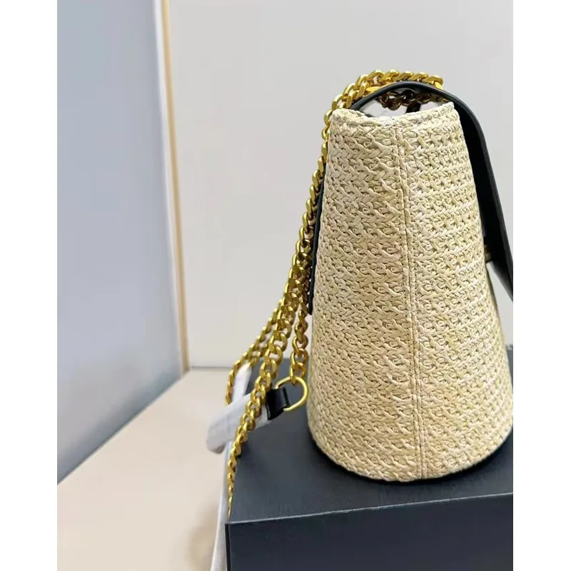 YS 2024 New Summer Contrast Spliced Grass Large Capacity Handmade Woven Bag Simple And Fashionable One Shoulder Handbag