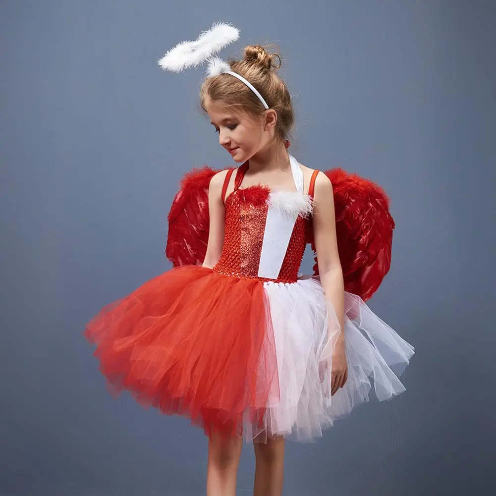 Disguise Angel Cosplay Child Girls Red White Tutu Dress Stage Fantasia Costume Kid Roleplay Role Play Fancy Dress Up Party Cloth