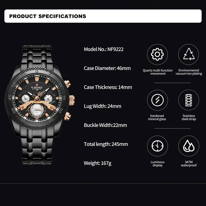 NAVIFORCE Men's Watch Military Stainless Steel Band Luminous Quartz Wristwatch Date Week Waterproof Clock Relogio Masculino 2024