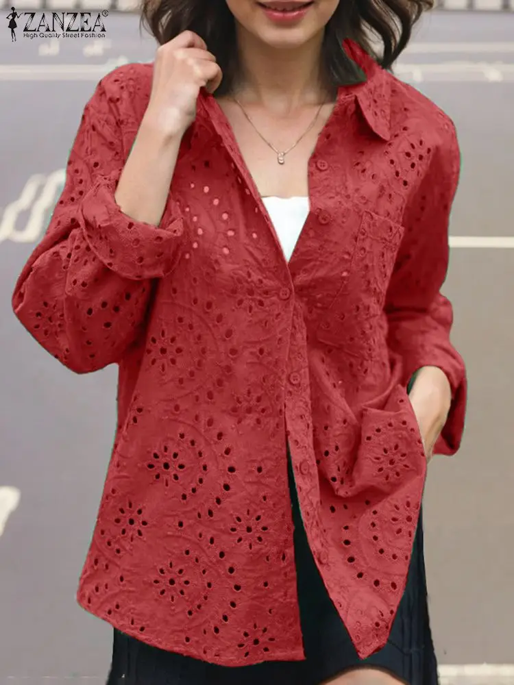 

ZANZEA Casual Loose Hollow Out Embroidery Shirts Fashion Commute Patchwork Long Sleeve Camisas Women Turn-down Collar Blouses