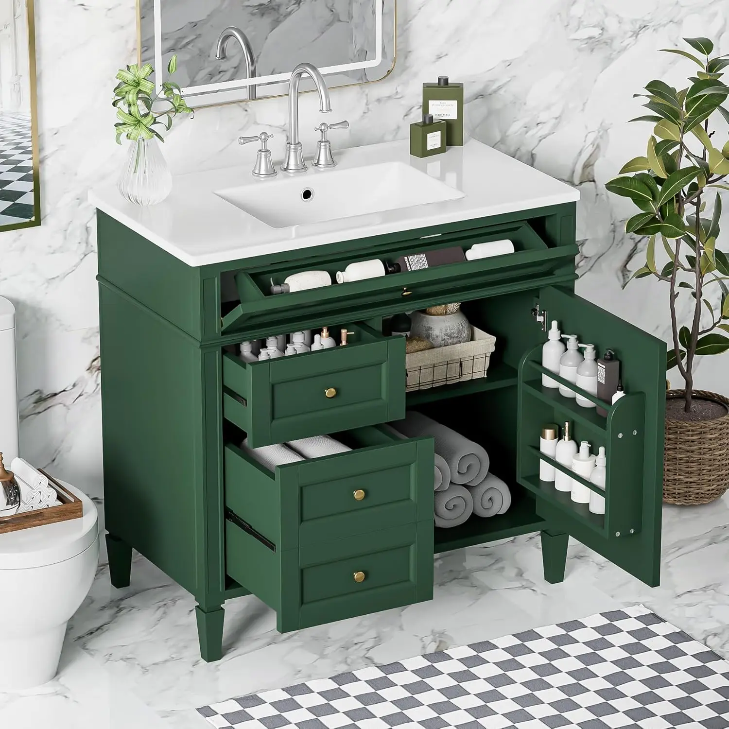 

Тумба для ванной 36 дюймов, комбинированная, с каркасом из массива дерева, 2 выдвижными ящиками, дверцами с плавным закрыванием и выдвижным ящиком, современная раковина, на заказ