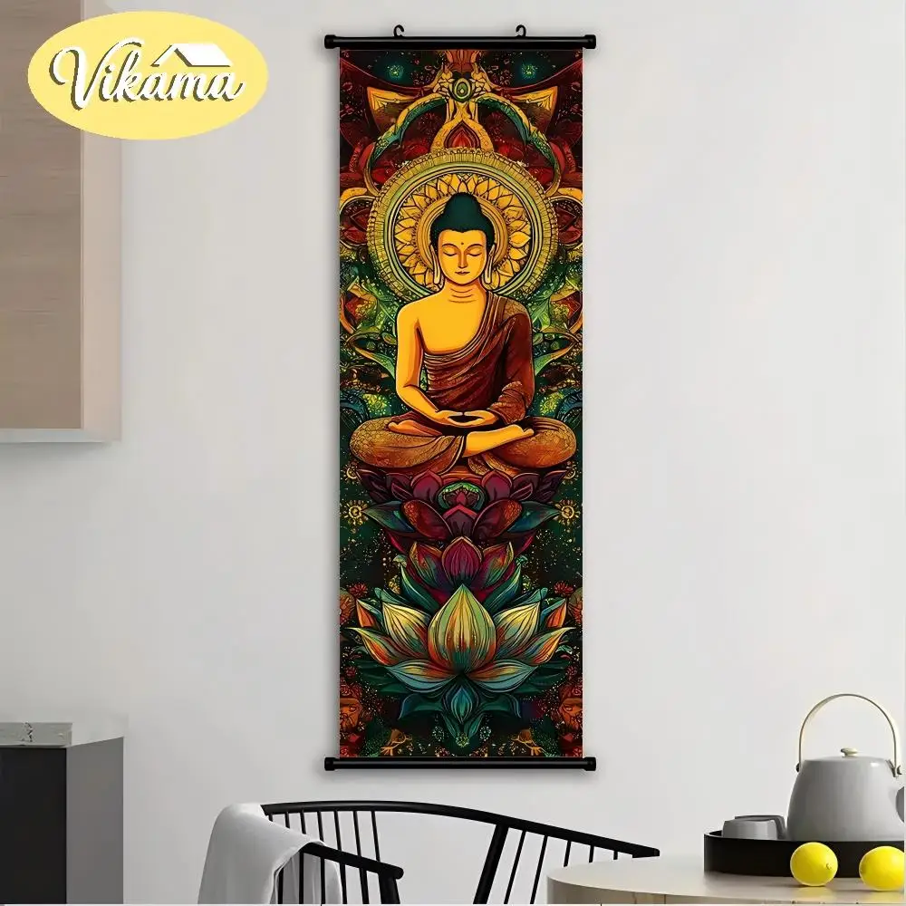 Buddha Statue Lotus Scroll Tapestry, Colorful Mandala Meditation Zen-Themed Narrow Scroll Wall Hanging, Home Decor