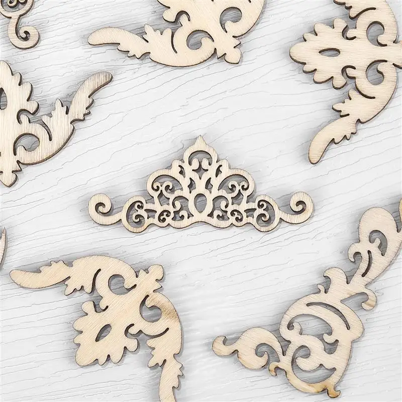 10 pièces 6cm artisanat en bois naturel Scrapbook bricolage livre coin fleur dentelle motif ornements en bois à la main Album coins M1835