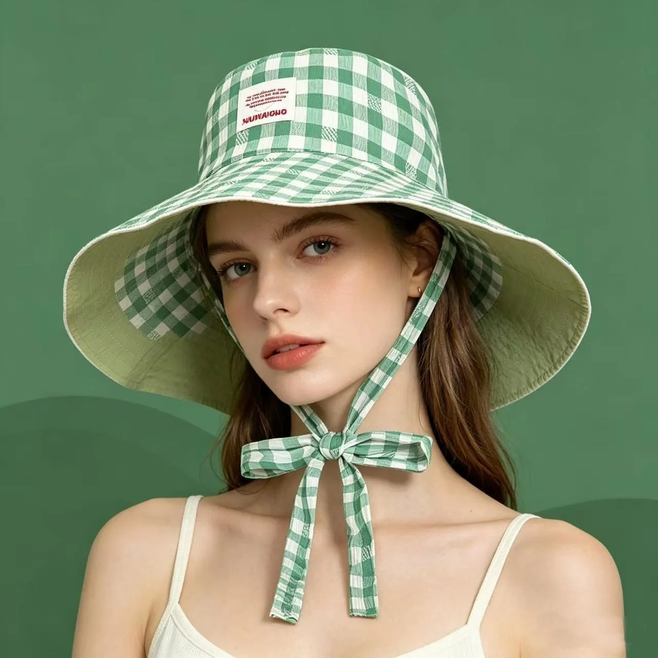 Double-sided Plaid Wide-edged Lace-up Bucket Hat Summer Outdoor Versatile Sunscreen Sweet Contrasting Color Plaid Women's Caps