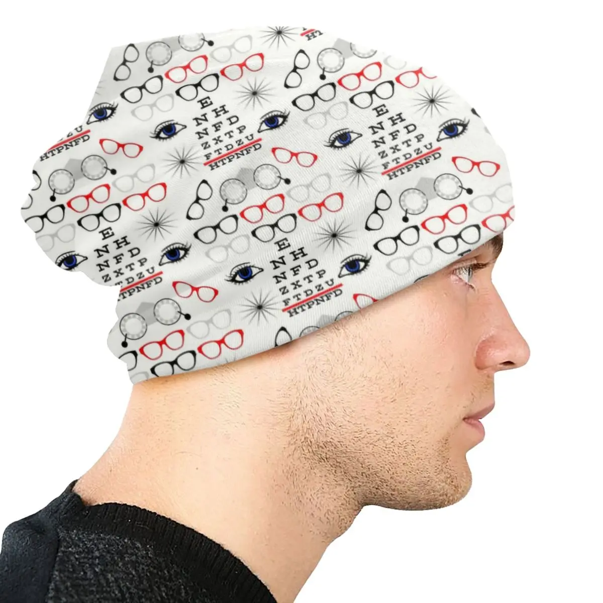 Divertente ottico optometrista Skullies berretti berretti Hip Hop inverno uomo cappello lavorato a maglia adulto Unisex occhio Test grafico cappelli cofano