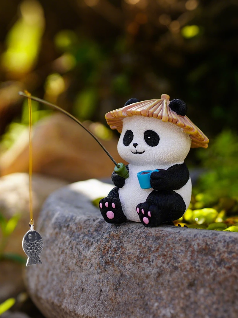 Fishing Panda Figurine, Resin Animal Statue for Landscape Fairy Garden Ornamant Outdoor Patio Lawn Balcony, Home Desktop Decor