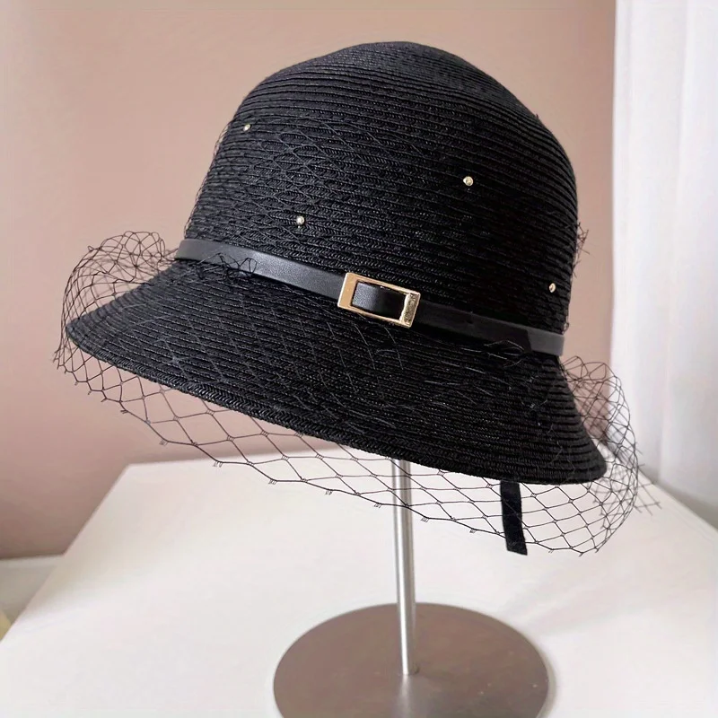 

Mesh Straw Bucket Hat Thin Belt Decor Monochrome Dome Hats Summer Casual Sunshade Beach Hats for Women