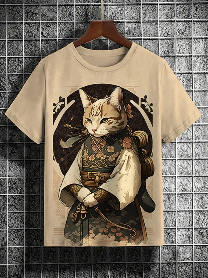 Japanese Style Samurai Cat Graphic T Shirt For Men Causal 3D Printed O Neck Short Sleeve Tees Outdoor Oversize Men Clothing Tops