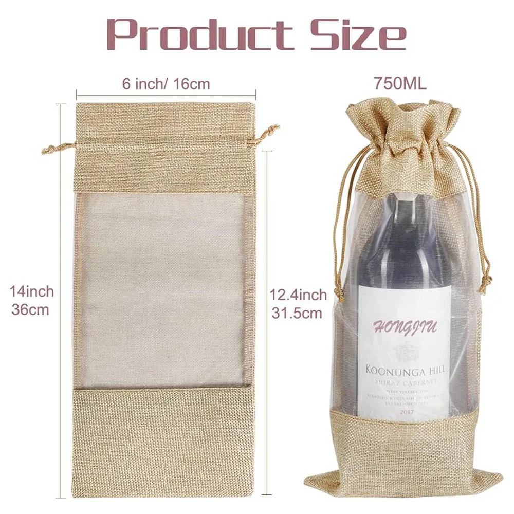 Jute Wine Bags,10pcs Burlap Wine Bottle Gift Bags 750ml with Sheer Window Organza Hessian Drawstring Gift Bags for Wedding