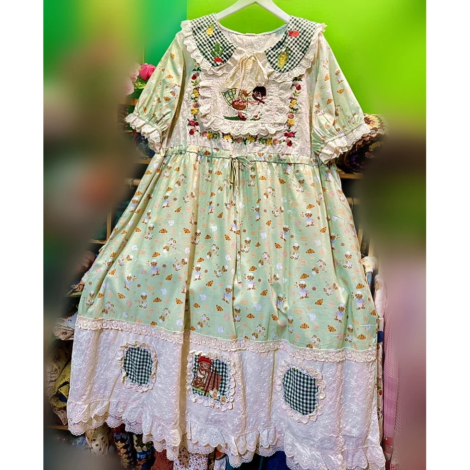 

Summer Cotton Patchwork Embroidery Lace Cottagecore Kawaii Sweet Midi Dress for Women 2025 Vintage Goblincore Lolita Long Dress