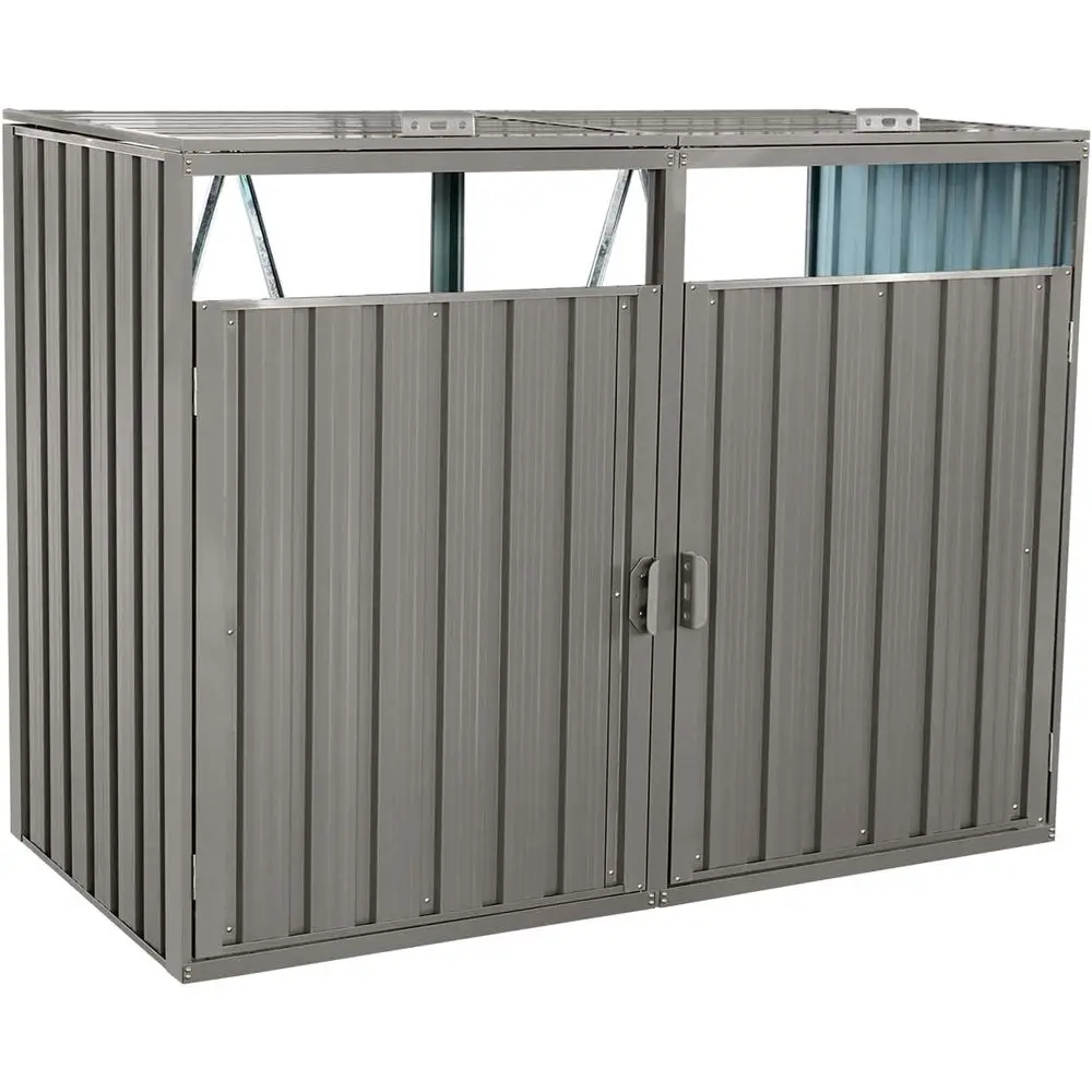 

Metal Outdoor Trash Bin Storage Shed, Galvanized Steel, Light Grey, 2-Door