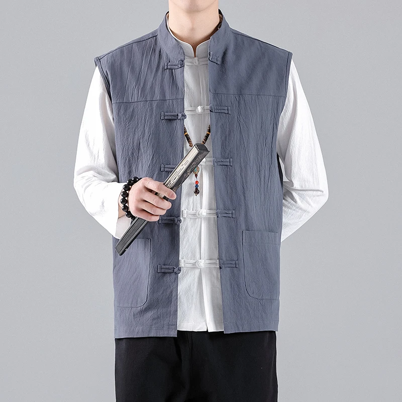 Chinese Style Linen Cotton Mandarin Collar Tang Suit Sleeveless Vest Men Frog Button Open Front Waistcoat Ethnic Casual Gilet