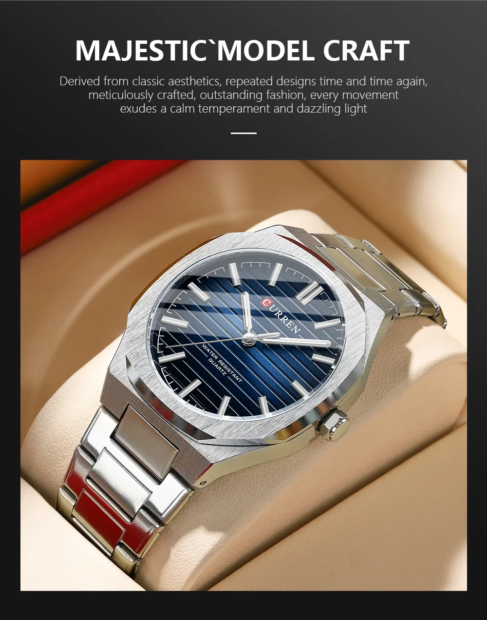 CURREN Minimalistische Herrenuhr mit Edelstahlarmband und Leuchtzeigern, klassische Business-Quarz-Armbanduhr für Männer – Detail 1