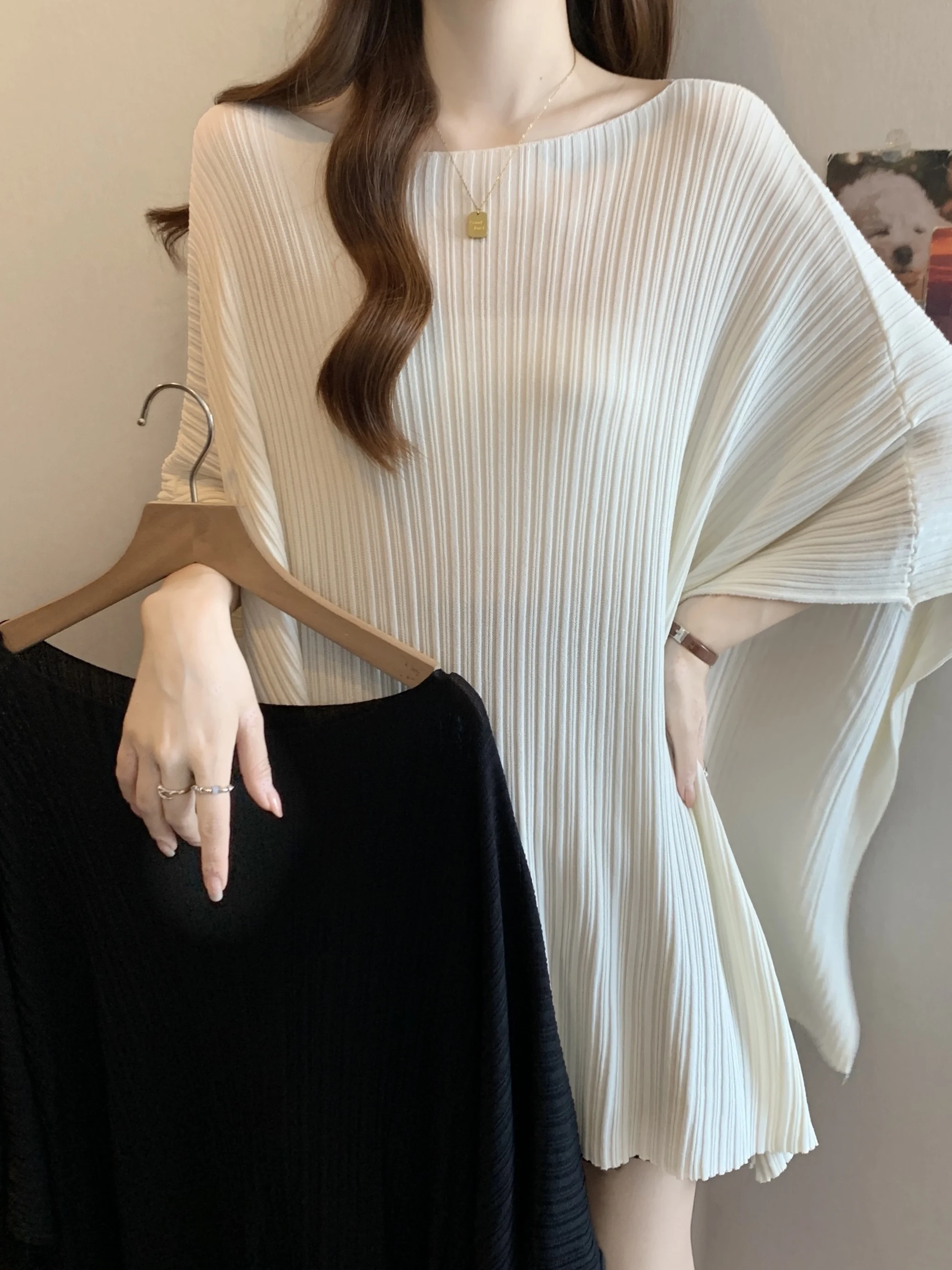 

plus Size Summer Knitwear Shoulder Shawl Meat Conceal Slimming Fashionable Short Sleeve Texture T-Shirt Women's Top