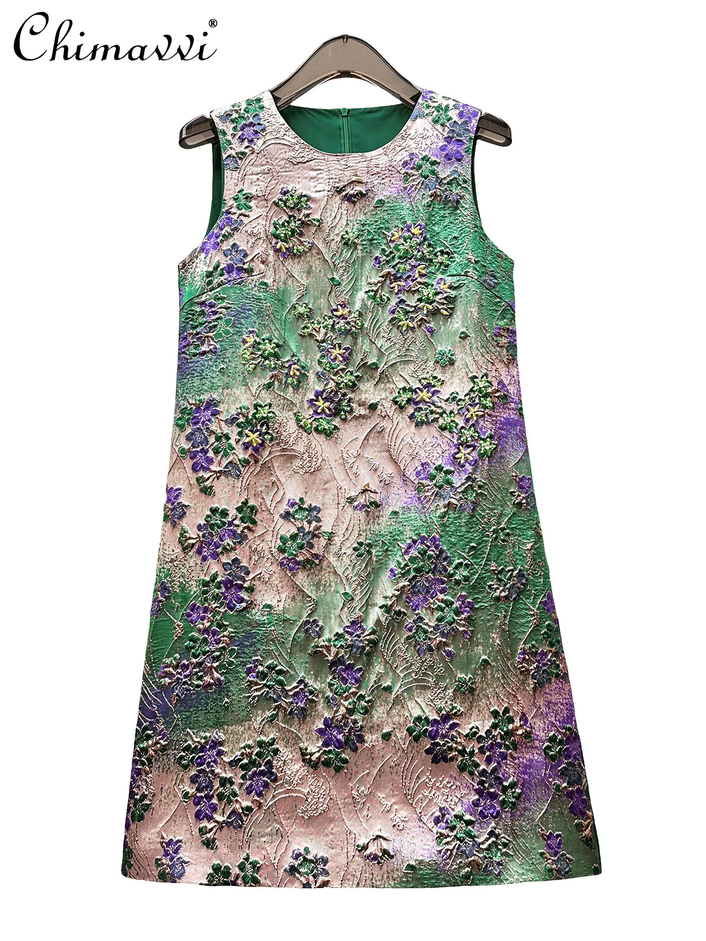 

Summer New Heavy Jacquard Beading Retro Bronzing Embroider Tank Top Fashion Round Neck Silm Luxury Elegant Women's Dress