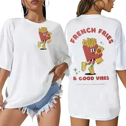 French Fries Good Vibes Retro Cartoon T Shirt Men Women Aesthetic Fashion Clothing T-shirts Casual 100% Cotton Oversized T-shirt