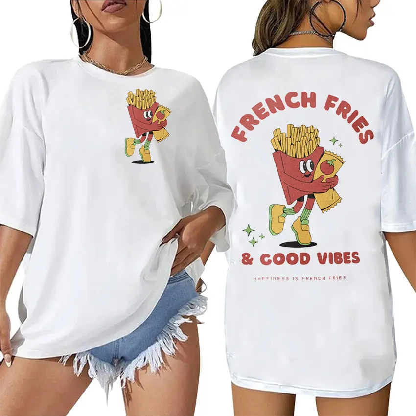 French Fries Good Vibes Retro Cartoon T Shirt Men Women Aesthetic Fashion Clothing T-shirts Casual 100% Cotton Oversized T-shirt