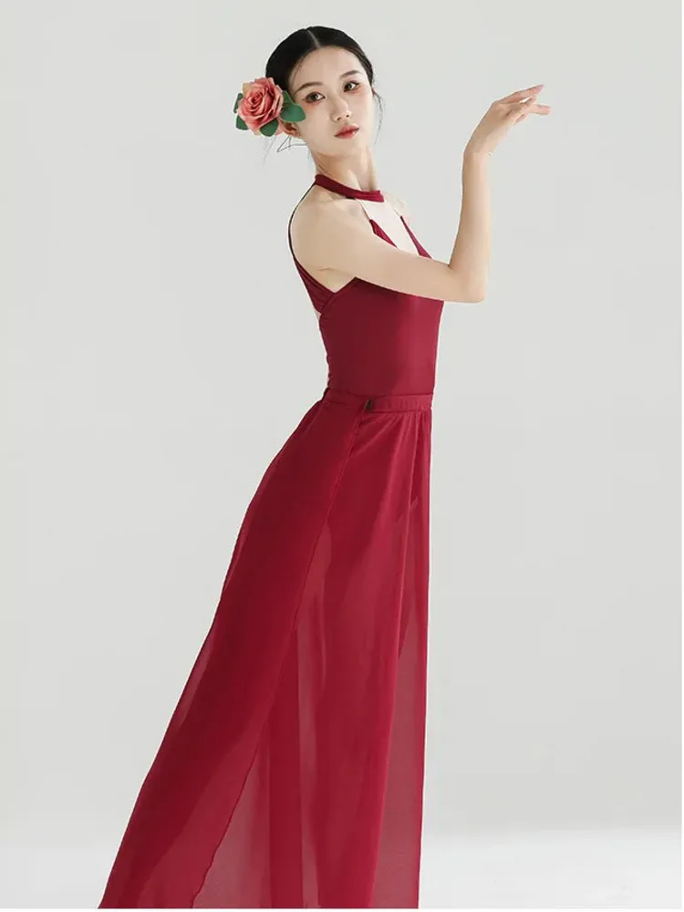 Abito con orlo diviso patchwork in rete senza maniche con scollo all'americana – Costume da palcoscenico per balletto slim fit per spettacoli di danza da donna