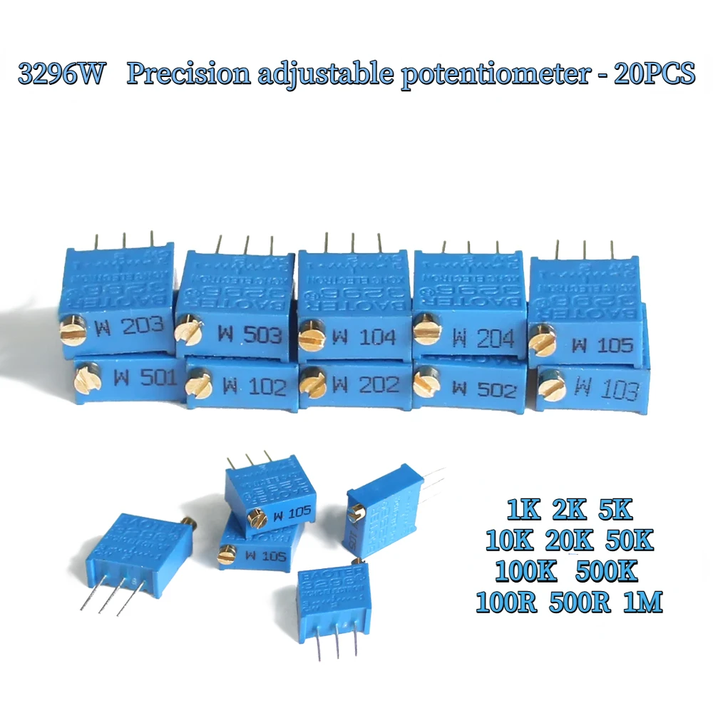 20PCS 3296W Trimpot Trimmer Potentiometer 100R 500R 1K 2K 5K 10K 20K 50K 100K 500K 1M Precision Adjustable Resistance Multi-turn