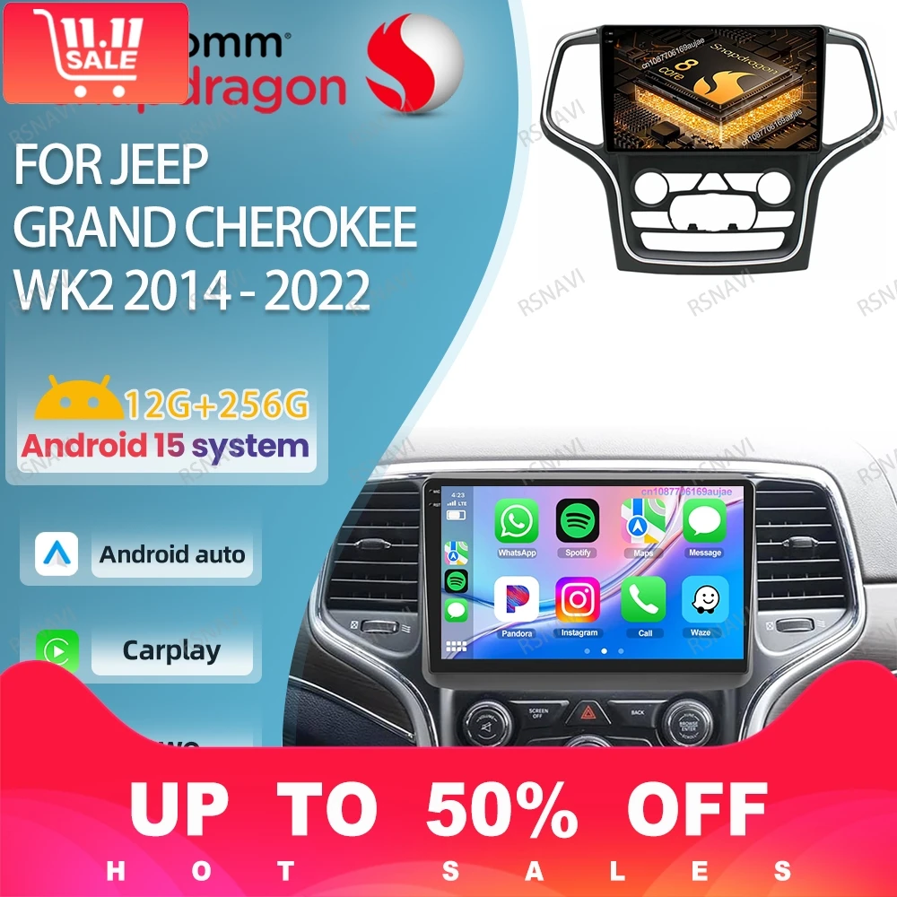 راديو السيارة أندرويد 15 لسيارة جيب جراند شيروكي WK2 2014 - 2022 كوالكوم 4G LTE اللاسلكية Carplay Auto QLED BT Autoradio GPS ستيريو #1