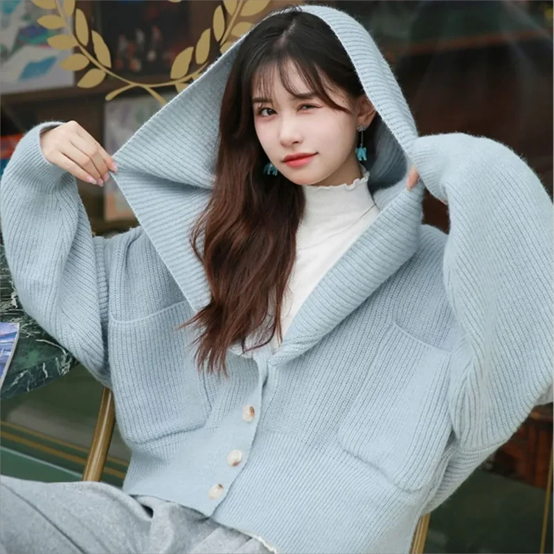 

knitted sweater 2024 autumn new single-breasted short cardigan hooded square pocket top coat women